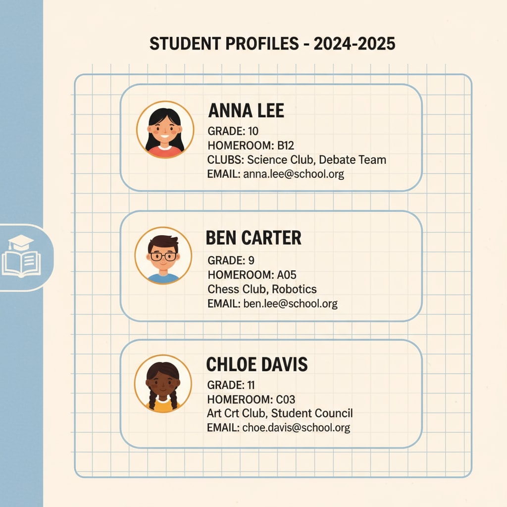 A page from a school directory showing some personal details. School directory page with personal information related to single-parent family privacy breach