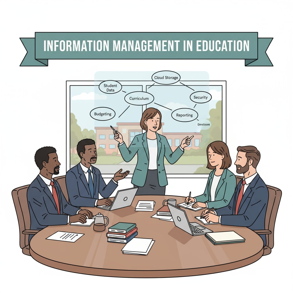 A group of school administrators sitting around a table, discussing information management. School administrators discussing information management to prevent single-parent family privacy breach