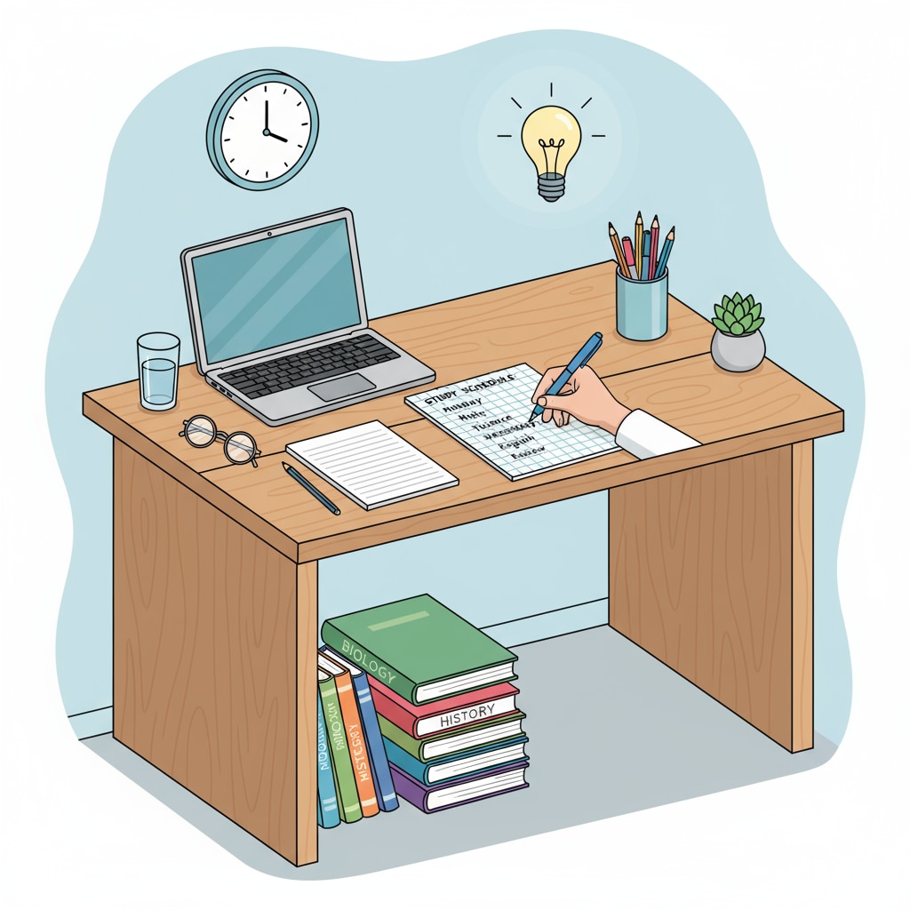 A student is sitting at a wooden desk. There are textbooks, notebooks, and a laptop in front of them. They are using a pen to write a study schedule on a piece of paper. A student making a study schedule for Baccalauréat preparation