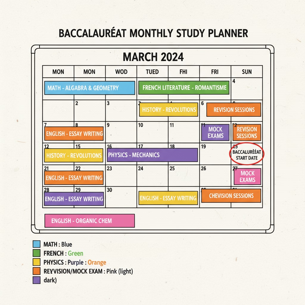 A monthly calendar is displayed on a whiteboard. There are different time slots marked in different colors for various study activities related to Baccalauréat. A calendar with study time slots marked for Baccalauréat preparation