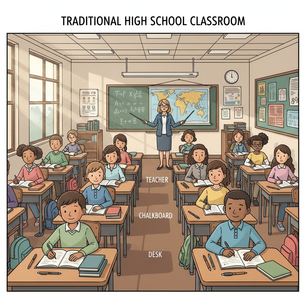 A classroom full of students listening to a teacher, depicting the traditional learning environment in a public high school. Students in a public high school classroom, an example of a traditional high school education setting among different diploma acquisition options.