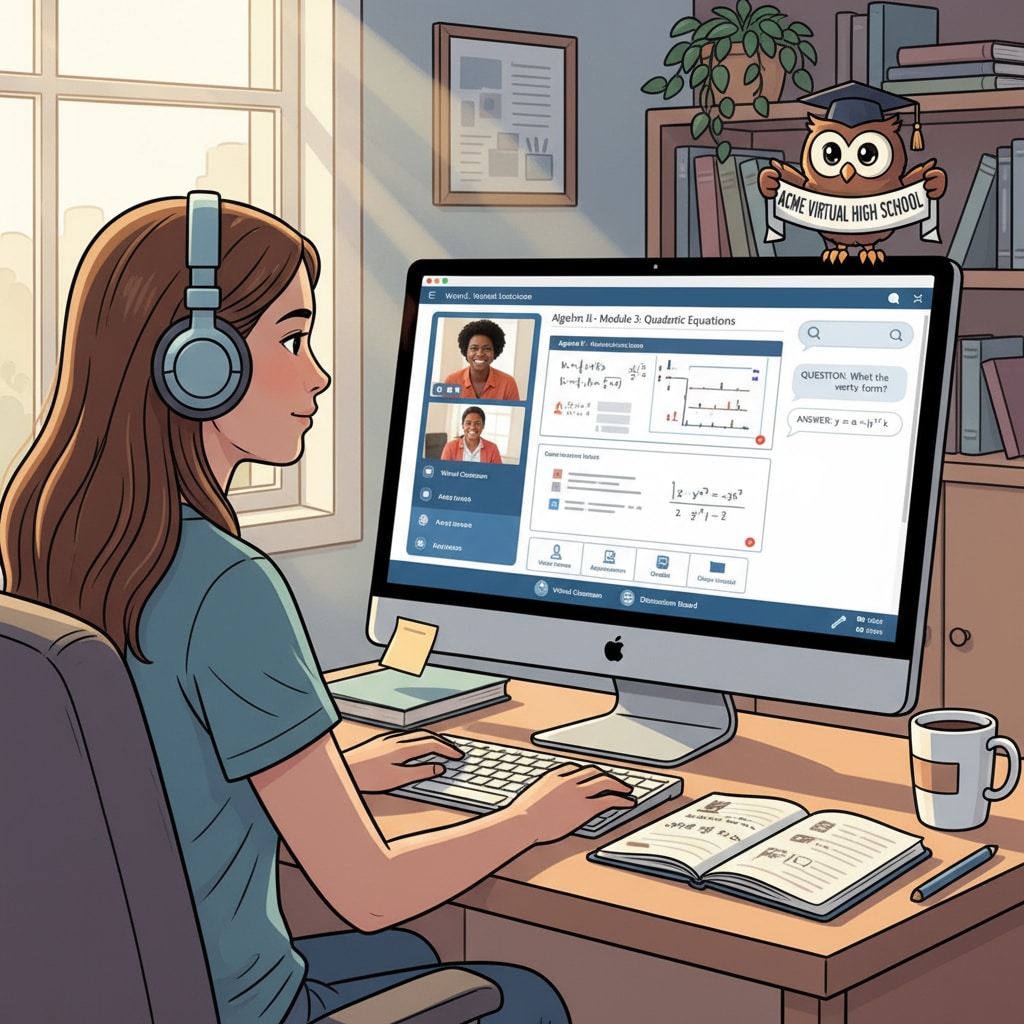 A student studying at home in front of a computer, showing the online learning environment of an online high school. A student engaged in online high school study, representing one of the alternative options for obtaining a high school diploma.