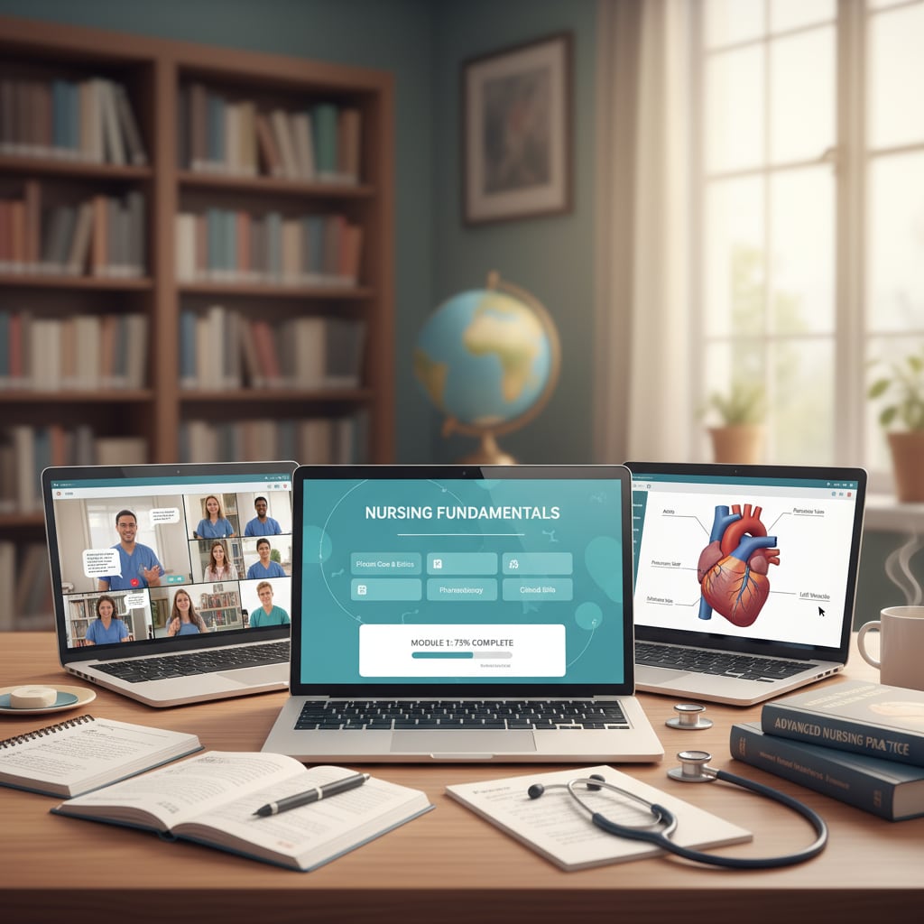 Students are seen studying nursing courses on their laptops, indicating the online learning environment for nursing education. Online students studying nursing courses for ACT/SAT waiver programs