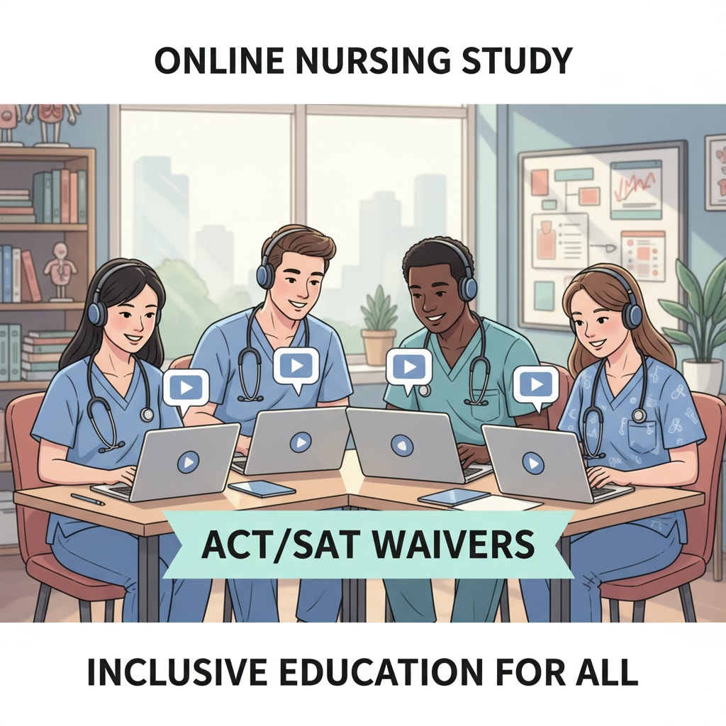 A diverse group of students is smiling while engaged in online nursing study, highlighting the inclusive nature of online nursing programs with ACT/SAT waivers. Diverse students enjoying online nursing education with ACT/SAT waivers