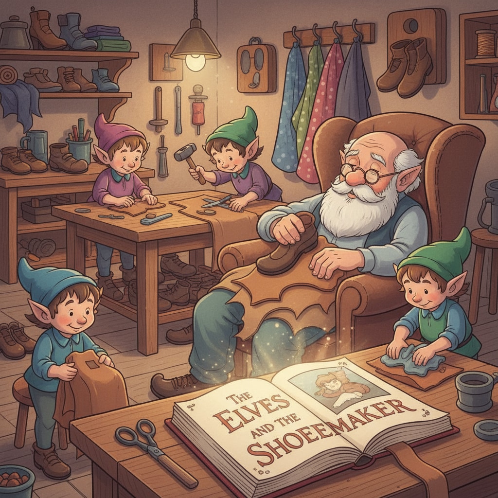A scene from the story A scene of elves and shoemaker in the story