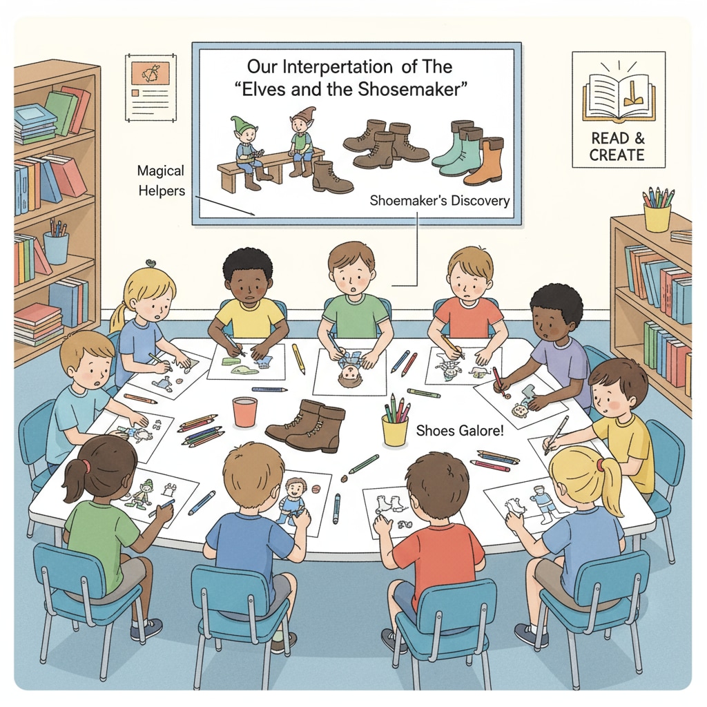 Students creating their own illustrations of Students' illustrations of the story