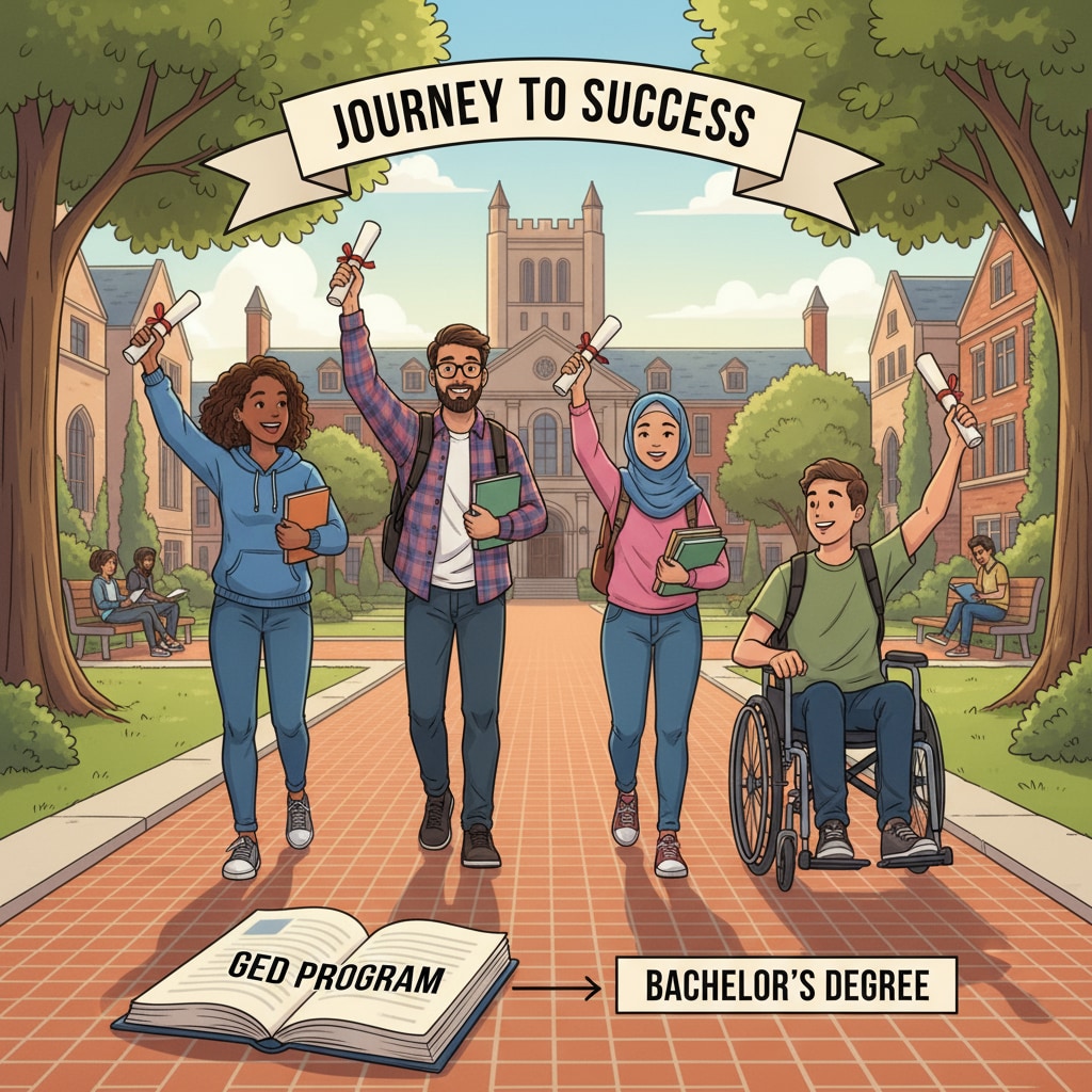 A group of students walking on a four-year college campus with GED certificates in their hands, symbolizing their journey from GED to a four-year college. GED holders on a four-year college campus