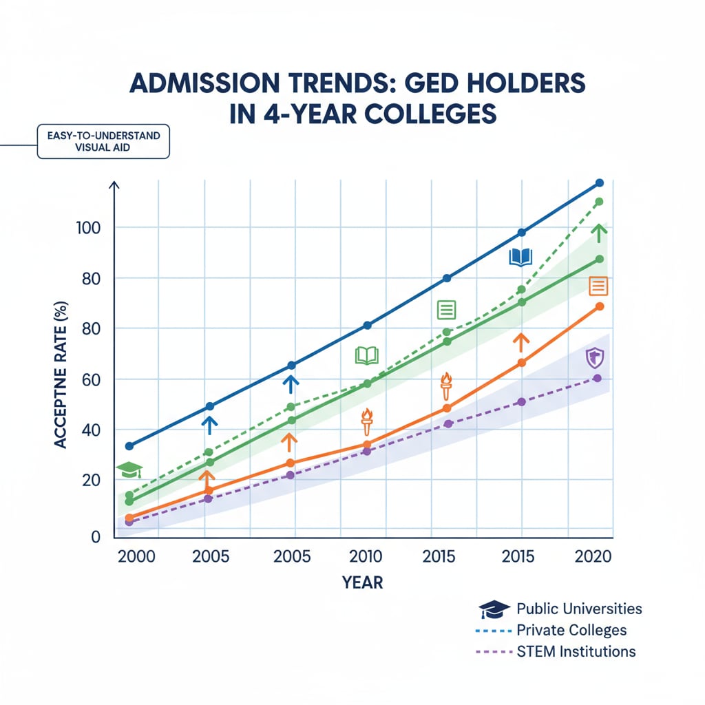 A graph showing the increasing acceptance rate of GED holders in four-year colleges over the years, highlighting the changing admission trends. Graph of GED holders' acceptance rate in four-year colleges