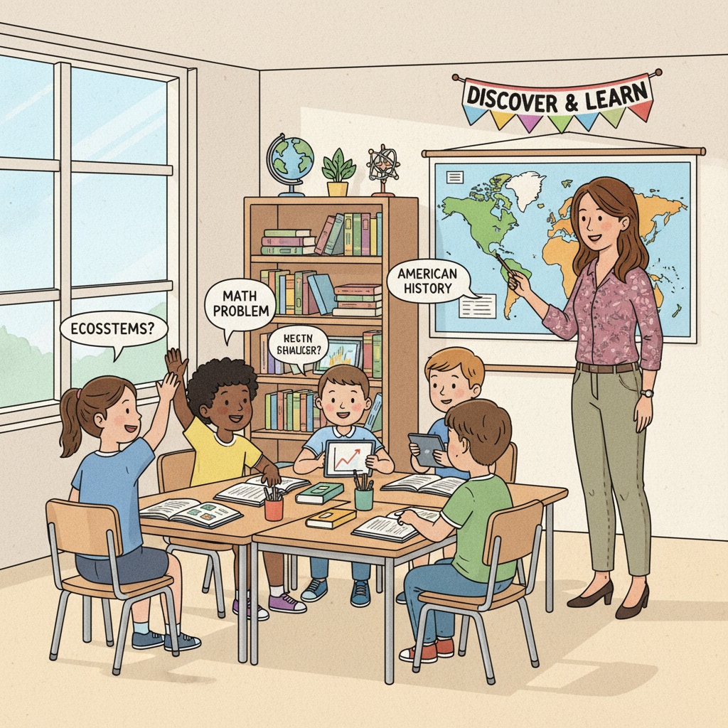 A classroom scene in a US public school where students and a teacher are interacting, discussing various topics related to the curriculum. Classroom interaction in US public education with ideological and educational issues in the backdrop