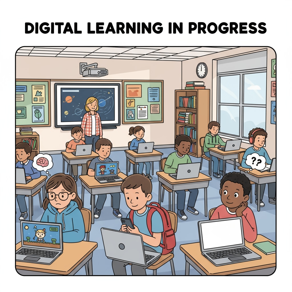 Students using laptops in a US public school classroom, some are engaged in learning while others seem distracted. Students using technology in US public education, highlighting the related educational issues