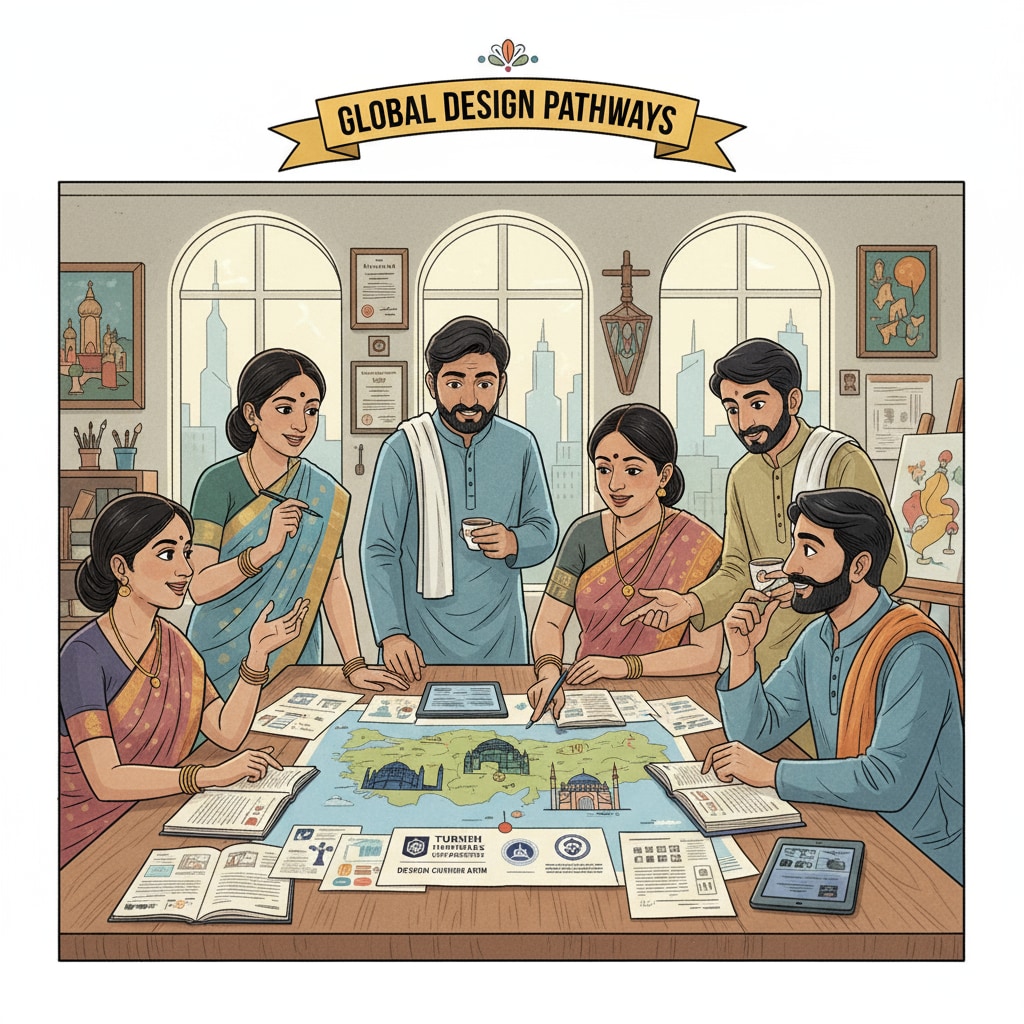 A group of Indian art workers are sitting around a table, discussing their plans to study design in Turkey, with books and papers about Turkish universities in front of them. Indian art workers planning to apply for English - taught design degrees in Turkey