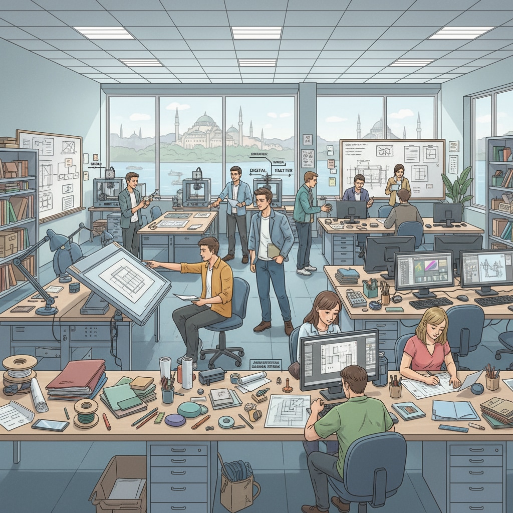 Students are working on design projects in a well - equipped studio at an Istanbul university, with various design tools and materials around them. Students in an English - taught design program at a Turkish university