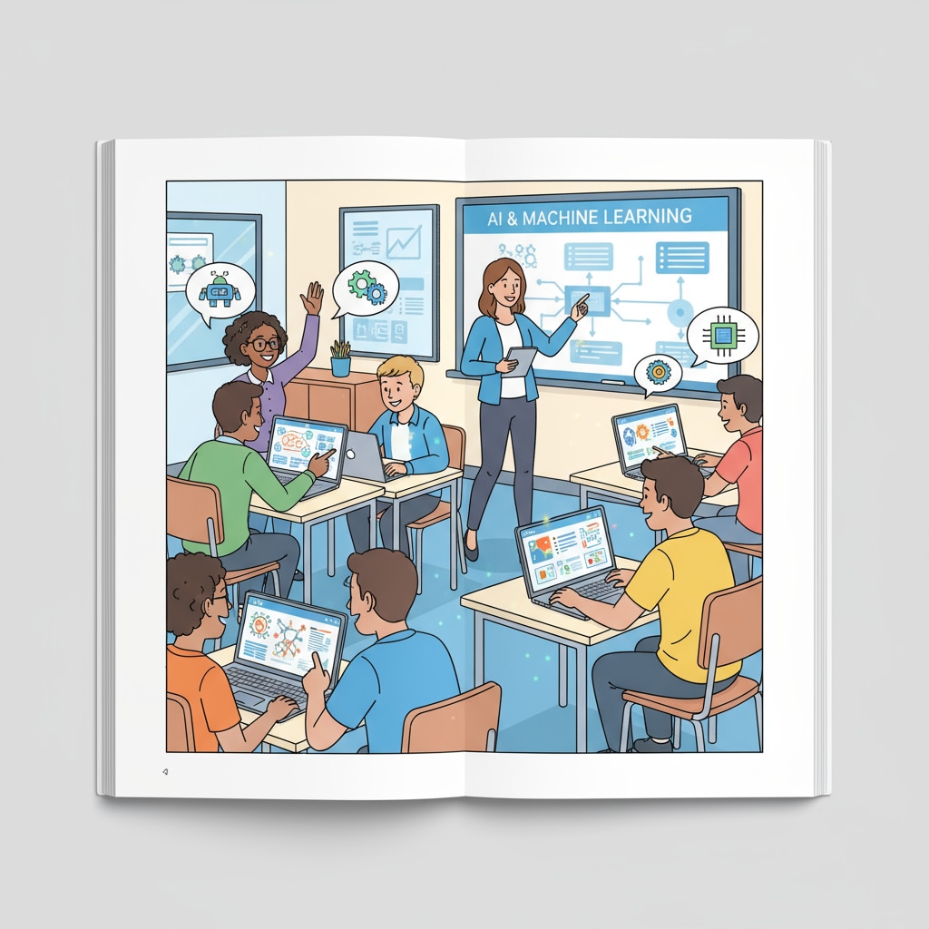 Students are seen in a classroom setting, attentively participating in an AI learning activity, with laptops open and engaged in discussions. Students learning AI in a classroom related to AI courses, prompt writing, and future education