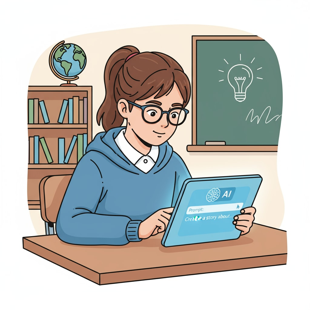 A young student is sitting at a desk, using a tablet to type out prompts for an AI application, with a focused expression. Student writing prompts for AI in the context of AI courses, prompt writing, and future education