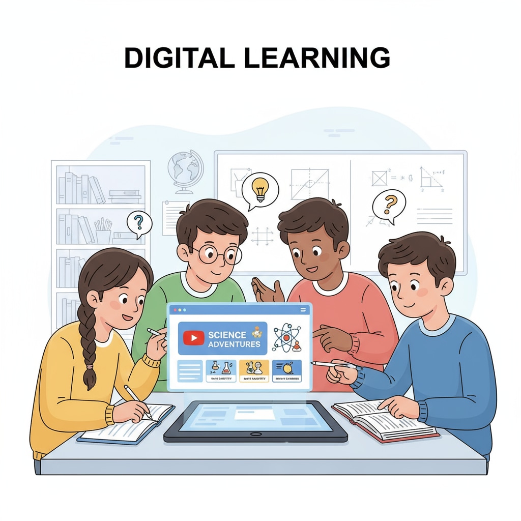 A group of students attentively watching educational videos on YouTube, showing their engagement in digital learning. Students watching YouTube educational videos related to YouTube teachers, subject teaching, and content recommendations