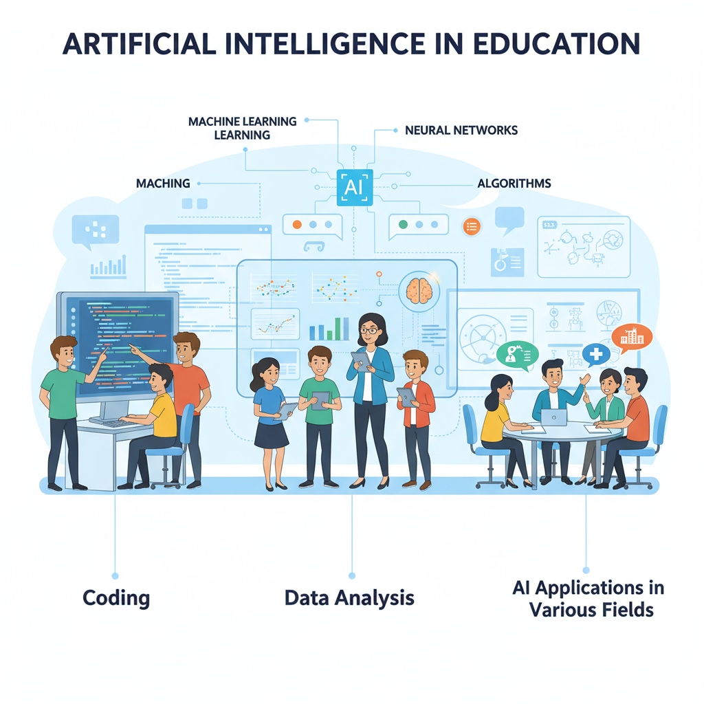 This image depicts students and educators actively participating in AI learning activities, such as coding, data analysis, and discussions about AI applications in various fields. Students and educators engaged in AI education learning activities related to lifetime membership and course certification