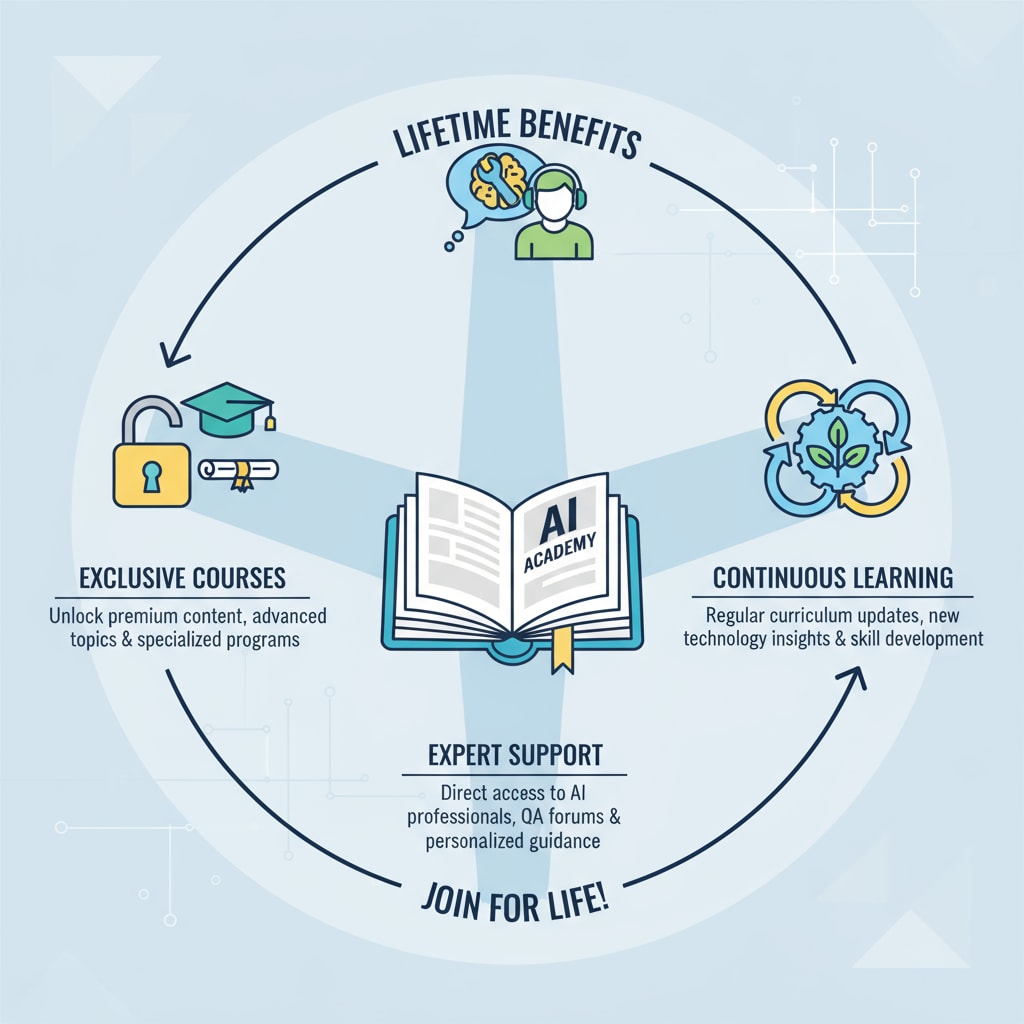 The visual shows a diagrammatic representation of the benefits of a lifetime membership in AI education, including access to exclusive courses, expert support, and continuous learning opportunities. Visual representation of the benefits of AI education lifetime membership and its relation to course certification