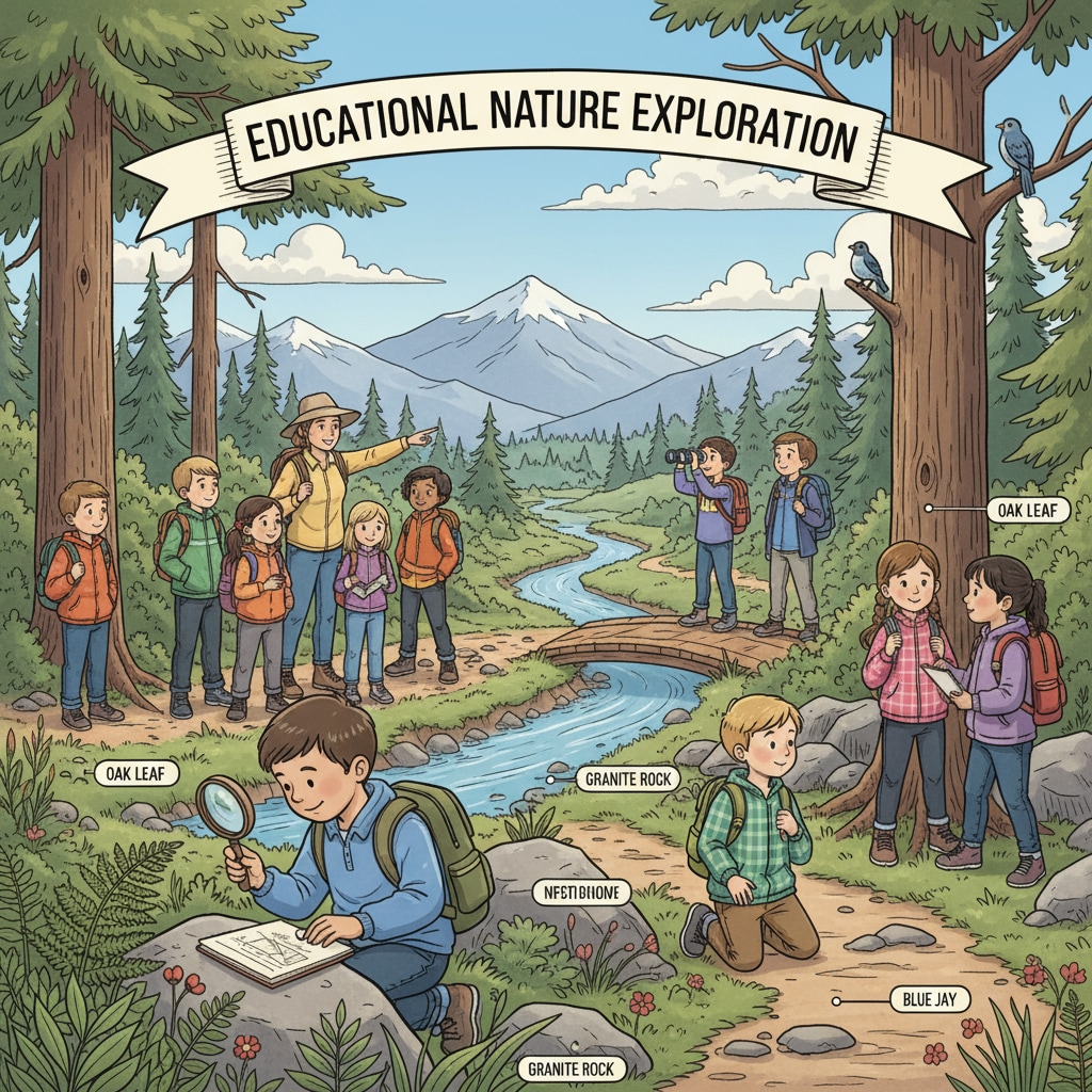 A group of students participating in outdoor activities during an educational camp, such as hiking and nature exploration. Students engaged in outdoor education activities related to school contracts and Camp Ramah
