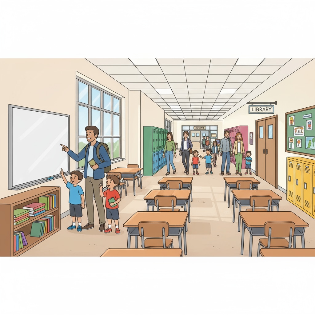 A group of parents and children are exploring a public school campus, looking around classrooms and common areas. Parents and children visiting a public school as part of the educational choice process