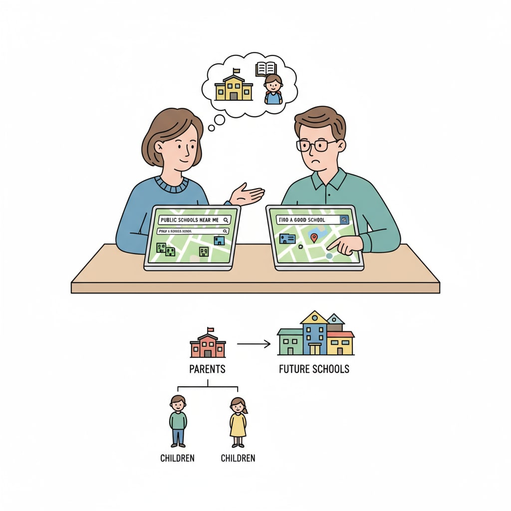 Parents are sitting at a table, concentrating on their laptops as they research public schools online. Parents researching public schools to make an informed educational choice