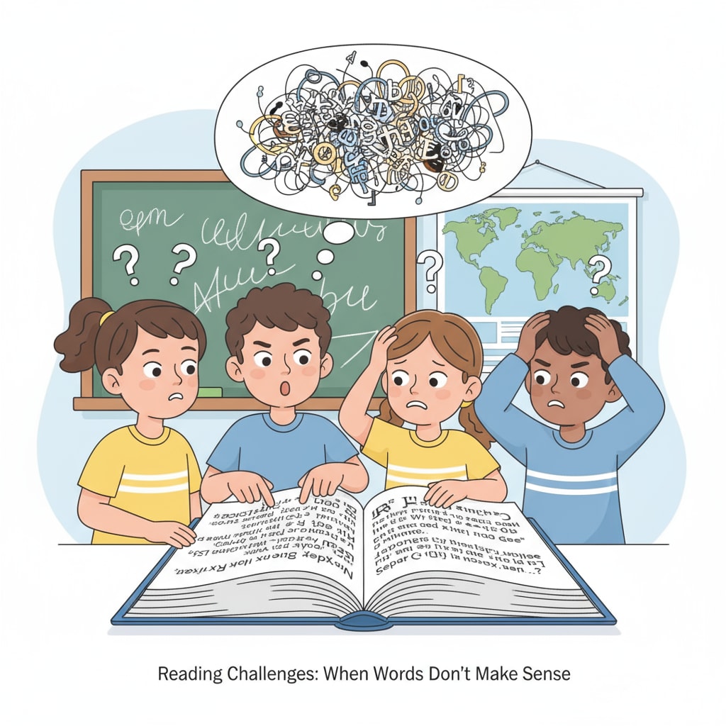 A group of young students looking confused while reading a book, indicating their possible struggle with literacy. Young students showing confusion in literacy-related activities, highlighting the literacy issue among the young generation and its relation to democracy.