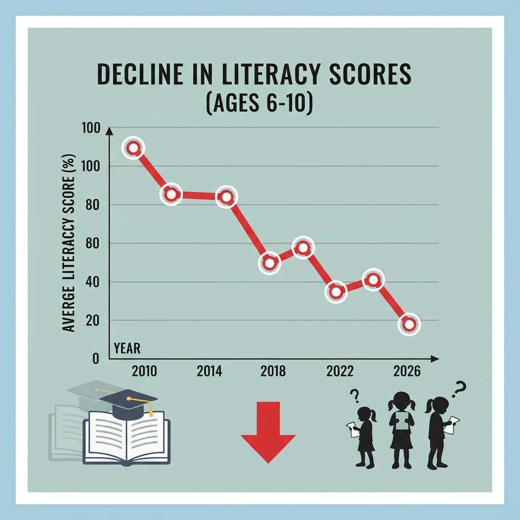 A graph showing the downward trend of literacy scores among young students, visually presenting the decline in literacy. Graph depicting the decline of literacy scores among young students, emphasizing the literacy decline problem among the young generation relevant to democracy.