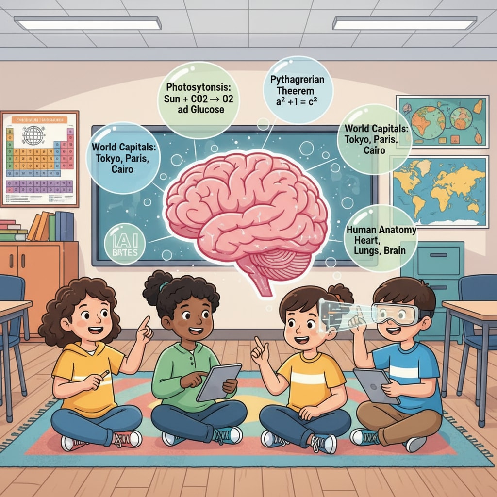 An illustration depicts students actively engaged while using AI Brain Bites to learn various educational facts, with bright colors and friendly characters. Students using AI Brain Bites for educational learning