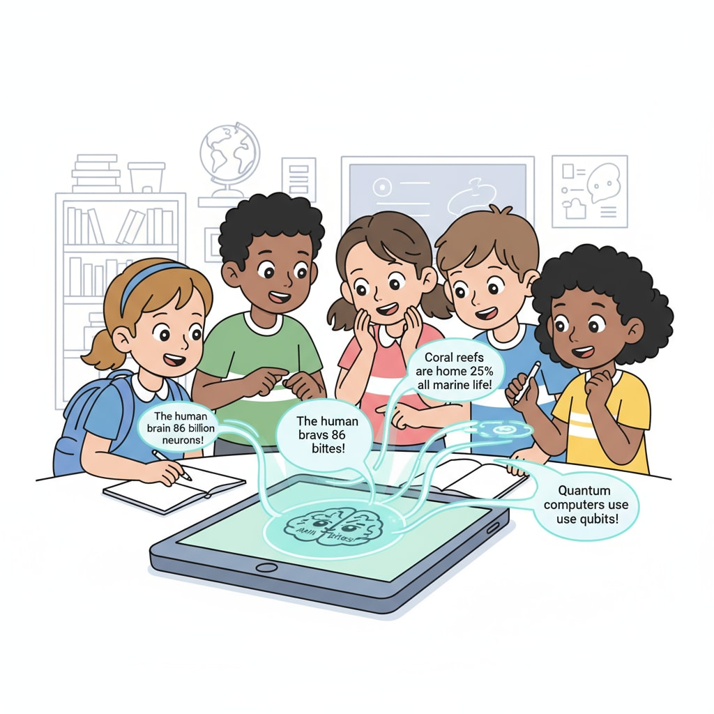 A group of students are shown gathered around a device, with excited expressions on their faces as they explore the educational facts provided by AI Brain Bites. Students exploring educational facts on AI Brain Bites