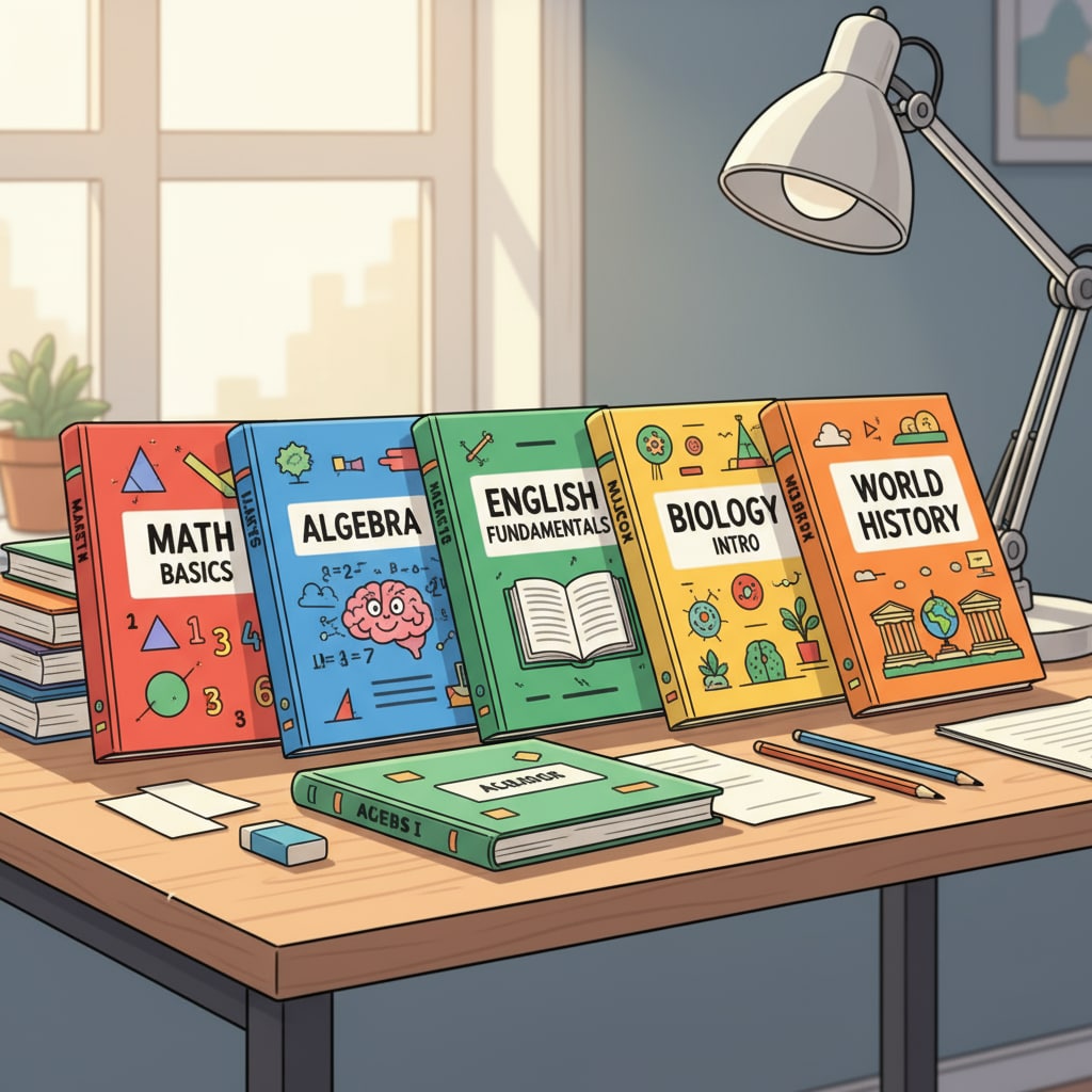 A collection of high school basic subject and algebra workbooks neatly arranged on a study desk, showing different covers and titles related to various subjects. High school basic subject and algebra workbooks on a study desk
