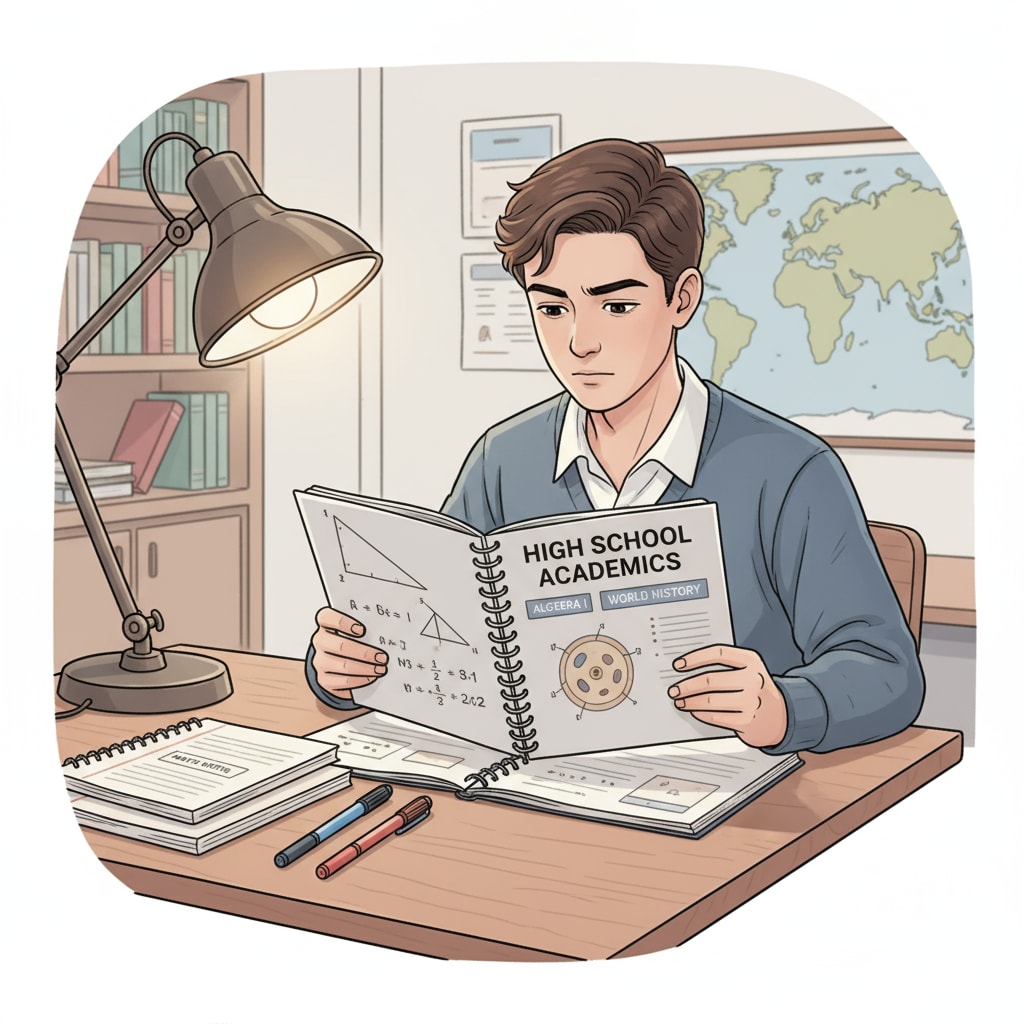 A student sitting at a desk, concentrating on studying a workbook filled with high school basic subject content, with pens and notebooks beside. A student studying high school basic subject workbook