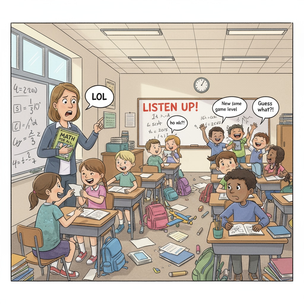 A classroom scene shows students chatting and not listening while the teacher is trying to give instructions, representing the chaos caused by students not following instructions. A chaotic classroom due to students' non - compliance with instructions in the context of special education
