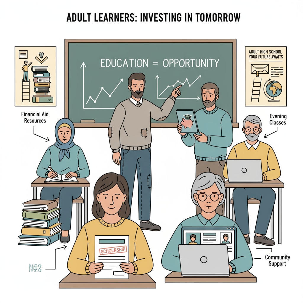 A group of adult learners in a classroom, engaged in learning activities, symbolizing the pursuit of high school education despite financial difficulties. Adult learners in a classroom setting, showing their commitment to obtaining a high school diploma while facing financial hardships.