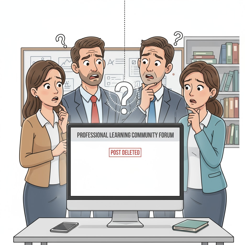A group of teachers looking puzzled at a blank forum page where a post was deleted, highlighting their confusion about the lack of explanation for post deletion in PLCs. Teachers confused about post deletion in PLCs without explanation