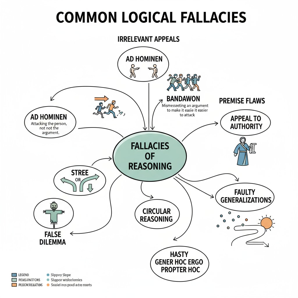 A colorful diagram with different sections labeled with various types of logical fallacies, such as ad hominem, bandwagon, and straw man. Diagram explaining different types of logical fallacies for propaganda detection