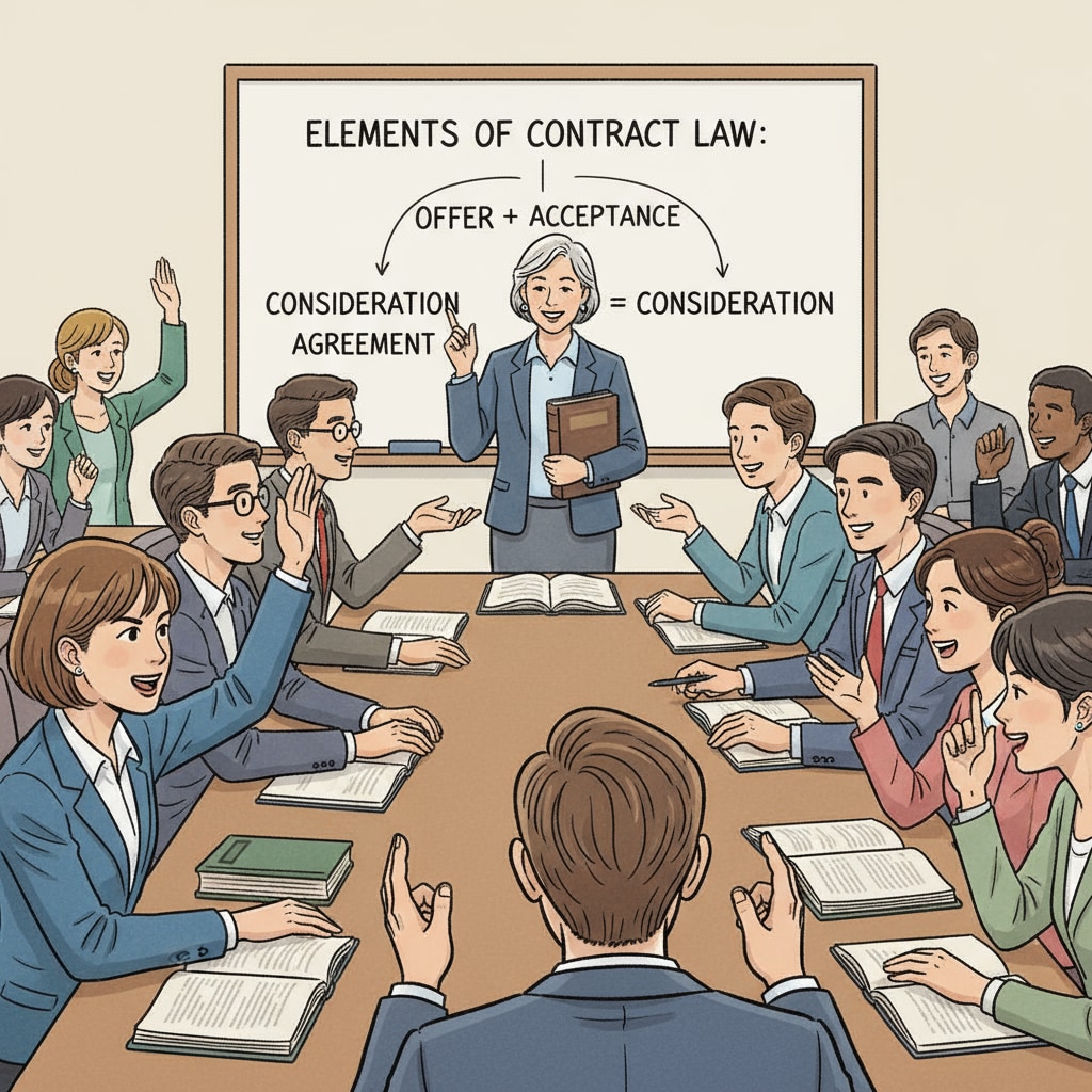 A group of law students are having an animated question - and - answer session in a classroom. Some are raising their hands, others are engaged in lively discussion, all focused on learning legal concepts actively. Law students in an active Q&A session for law school learning with active recall and spaced repetition implications