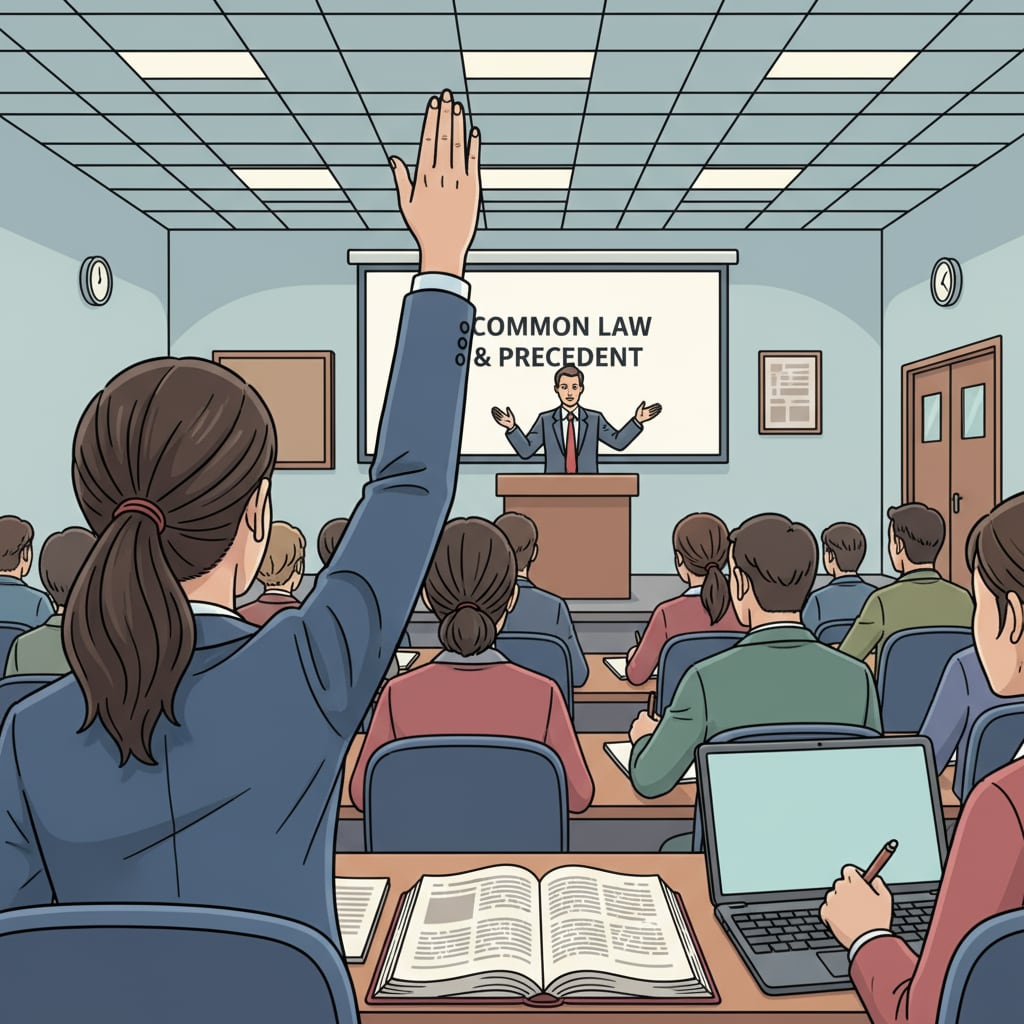 A law student is seen raising a hand during a lecture, actively asking a question related to the legal topic being discussed. Law student actively participating in law school learning through question - asking, relevant to active recall and spaced repetition strategies