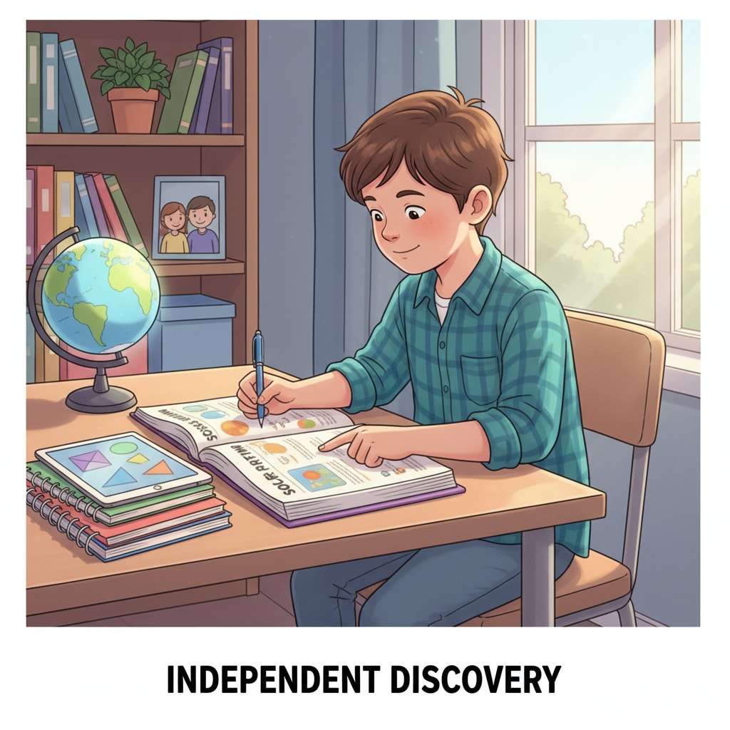 A student is sitting at a desk, studying independently at home, showing a focused and determined expression. A student engaged in self-education for high school improvement