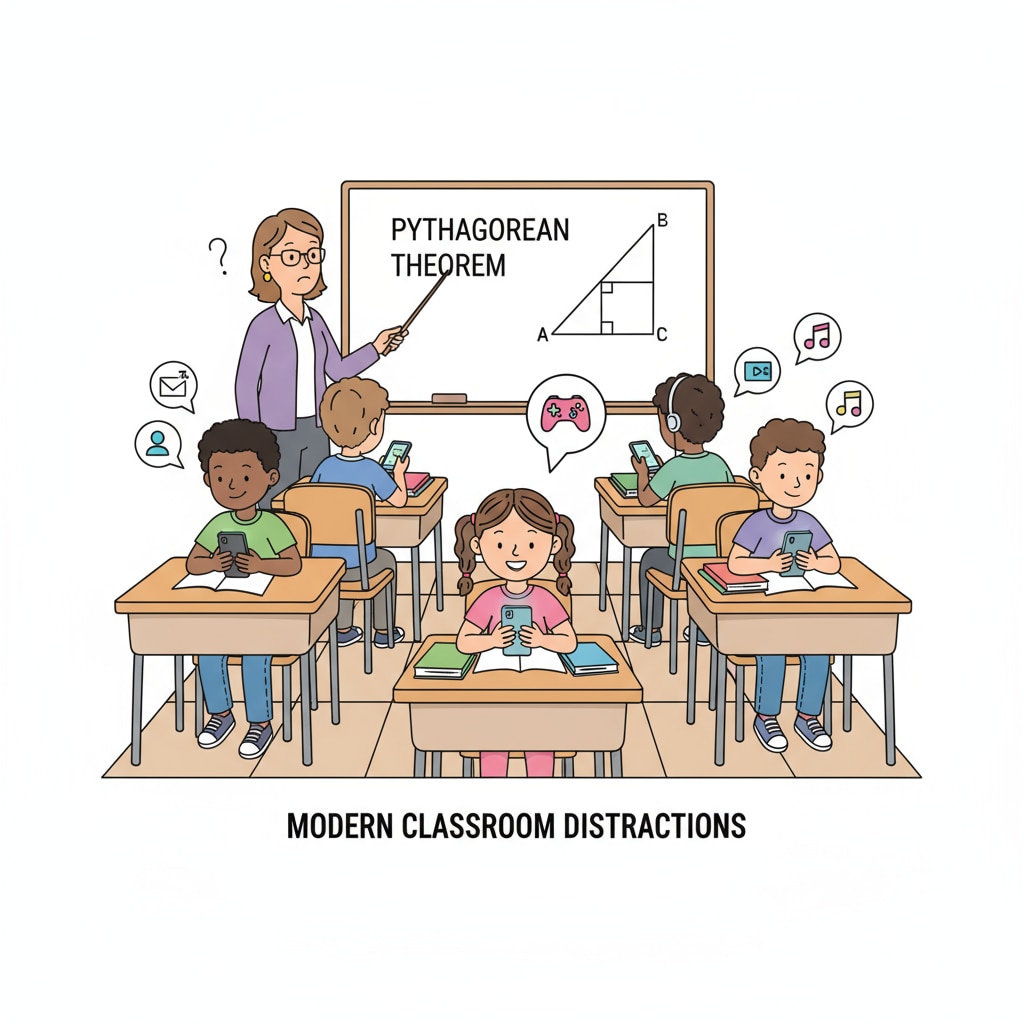 A group of students in a classroom are distracted by their mobile phones, with some looking at their screens instead of paying attention to the lesson. Students being distracted, affecting their high school grades and self-improvement