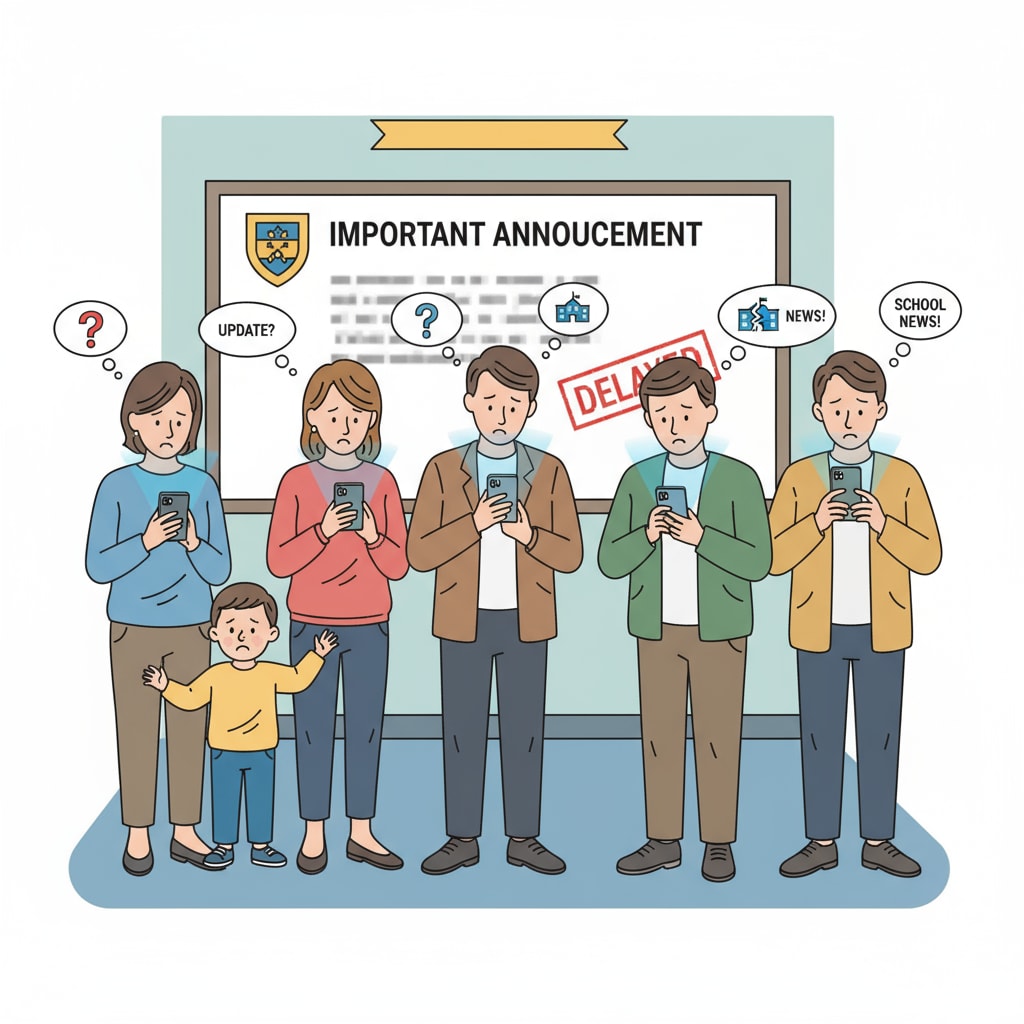 A group of parents looking concerned while checking their phones for school information. Parents checking phones for school information related to school management systems, parent communication, and information access