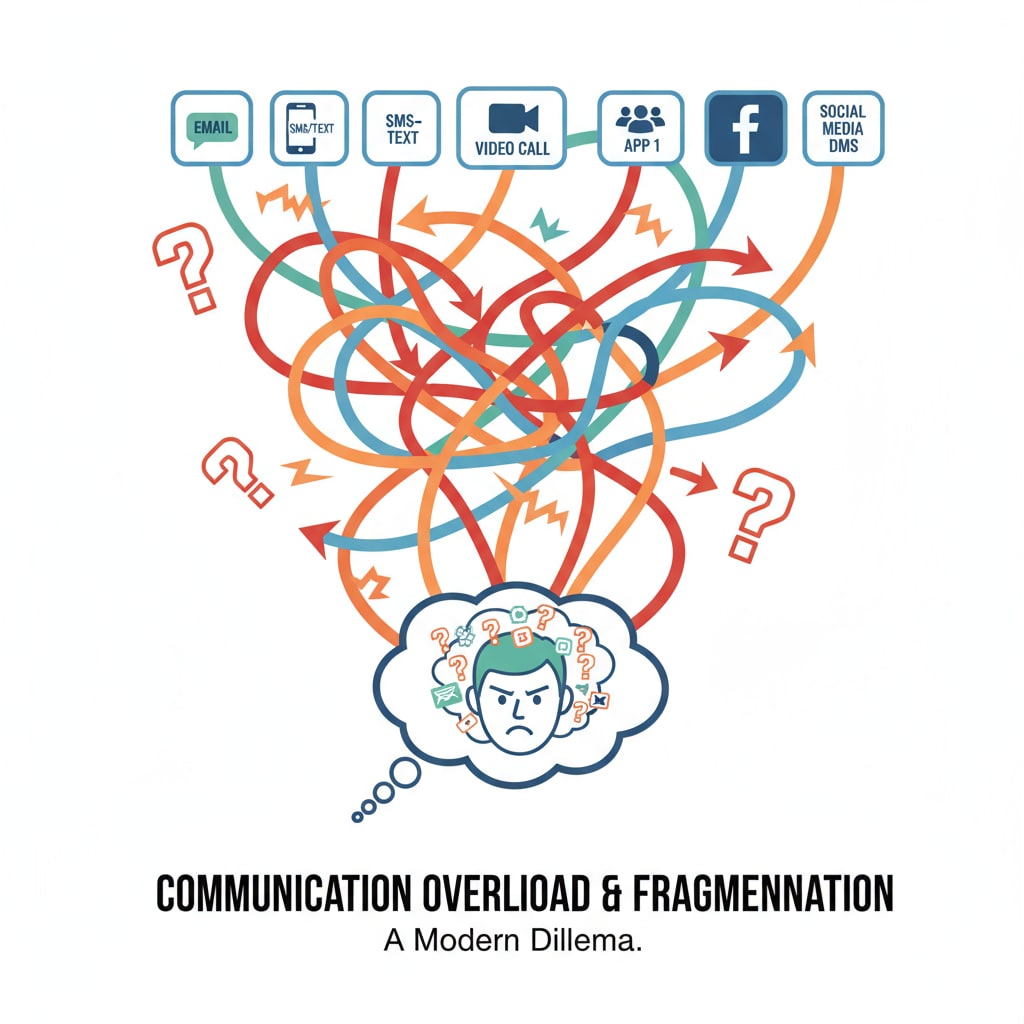 A diagram showing multiple communication platforms with arrows going in different directions, indicating confusion. Diagram of confusing communication platforms relevant to school management systems, parent communication, and information access