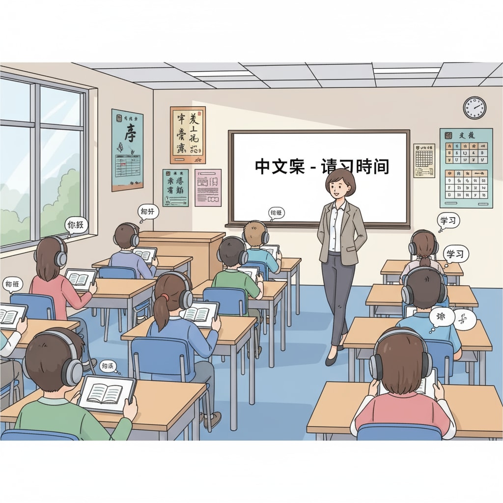 Students are sitting in a classroom, wearing headphones and listening attentively to audiobooks during a Chinese language class. The teacher is walking around, observing. Students listening to audiobooks to enhance reading fluency in a Chinese language teaching environment