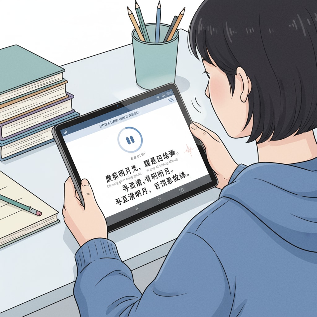 A student is holding an electronic tablet, with an audiobook app open, playing a recording of a classic Chinese poem while looking at the corresponding text on the screen. A student using an electronic device to listen to an audiobook of a Chinese poem for better language learning in Chinese teaching