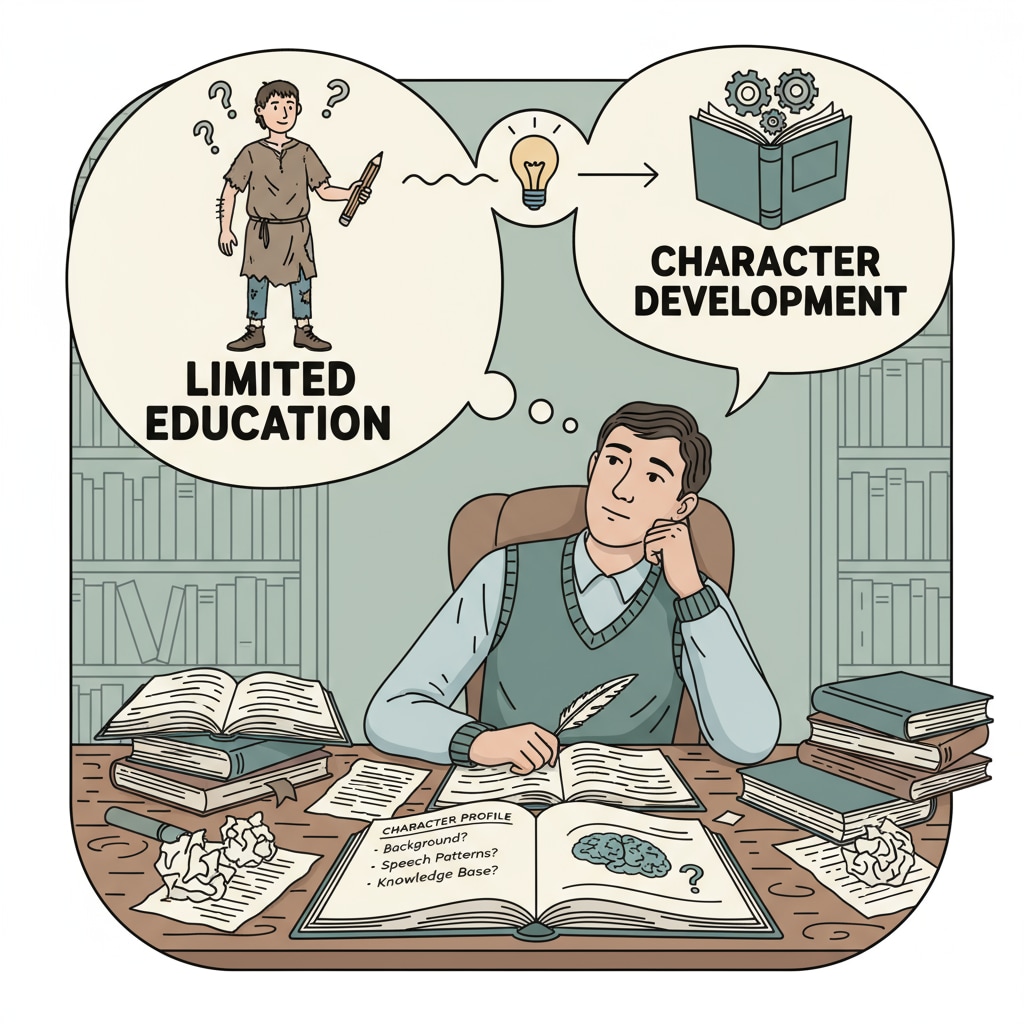 A person sitting at a desk, thinking about how to write a character with limited education A person contemplating writing a character with limited educational background for novel writing
