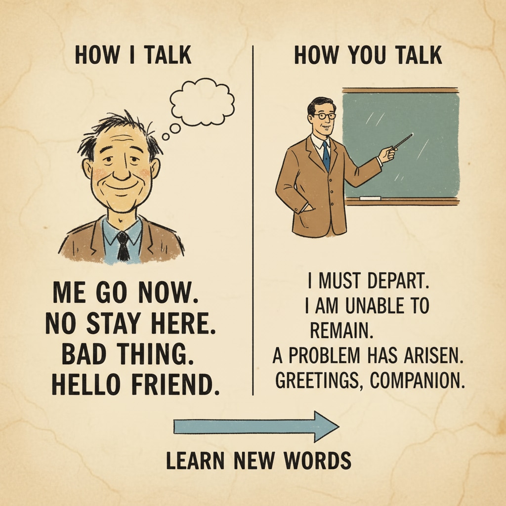 A page with simple words and short sentences representing the language of a character with limited education A visual representation of the language style of a character with limited education in novel writing