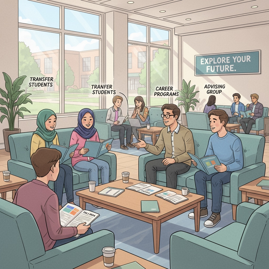 A group of community college students are sitting in a campus lounge, with some looking at course catalogs and discussing their options. Community college students discussing course selection to fulfill their motivations and find attractive courses