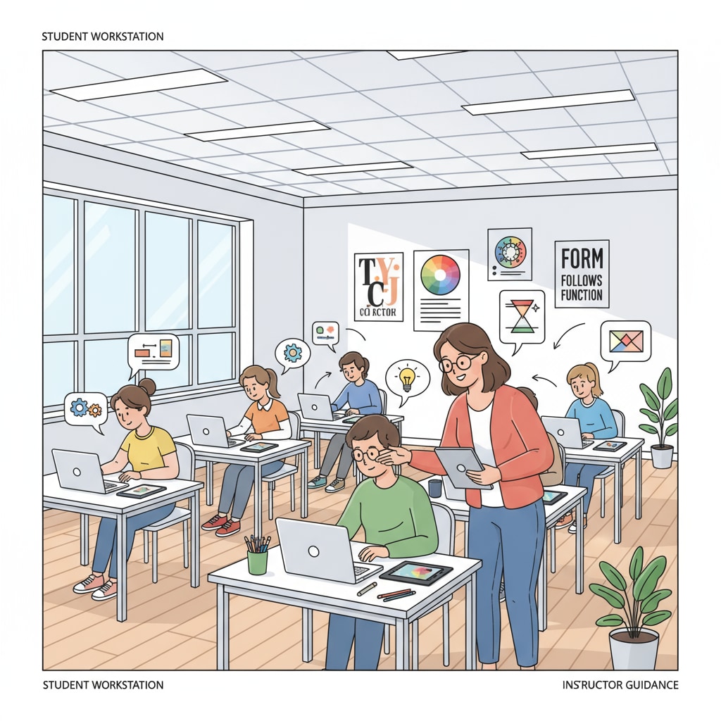 Students in a graphic design classroom are busy working on their projects, with the instructor walking around to provide guidance. Students engaged in a graphic design course that meets their interests and shows the attraction of course content