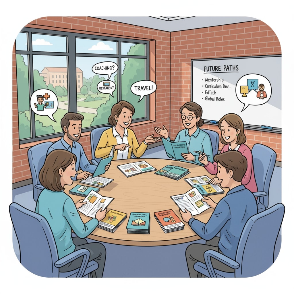 A group of teachers is sitting around a table, discussing different career options outside the traditional classroom environment. They are looking at brochures and having animated conversations. Teachers exploring career transitions, professional development opportunities beyond the classroom with their educational qualifications