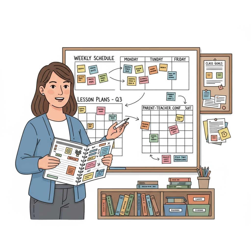 A teacher is standing in front of a whiteboard in a classroom, using organizational tools like a planner and sticky notes to manage the class schedule and lesson plans. A teacher demonstrating organizational skills in the classroom, skills that are transferable for career transitions, professional development with educational qualifications