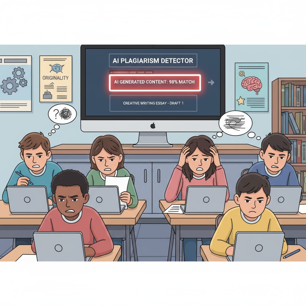 A scene showing high school students under stress while writing, with an AI detection tool visible on a computer, highlighting the pressure on students in creative writing classes due to AI detection. High school students experiencing stress in creative writing class because of AI detection
