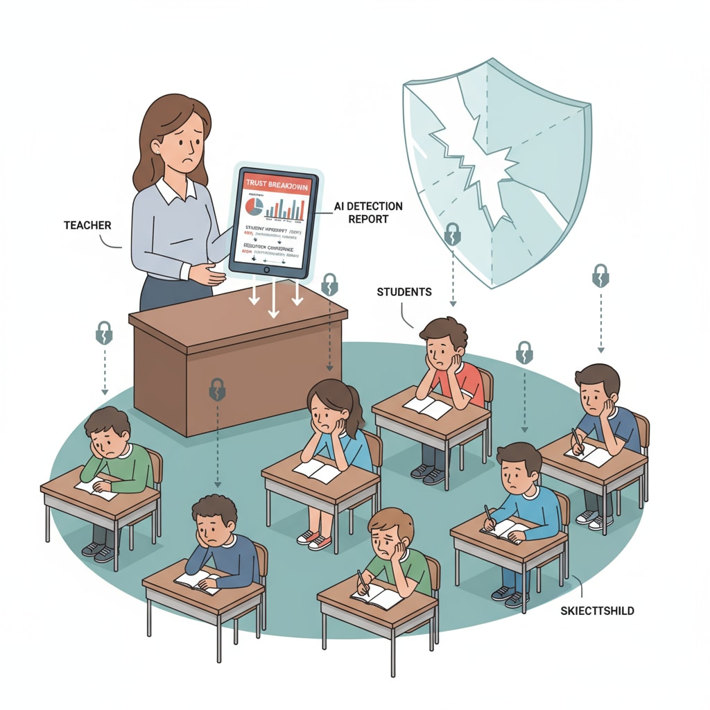 A classroom setting where students seem disengaged as the teacher checks an AI detection report, depicting the breakdown of trust in the classroom caused by AI detection. Disengaged students in a high school classroom due to the teacher's reliance on AI detection